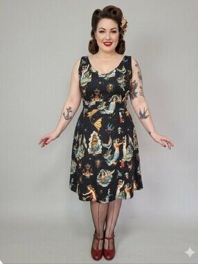 Cherry Velvet Angelina Dress In Sink Or Swim Print, VGUC, Size 1X